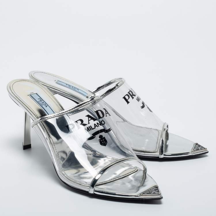 Pre Owned Prada Silver PVC and Patent Leather Logo Sandals Size 40