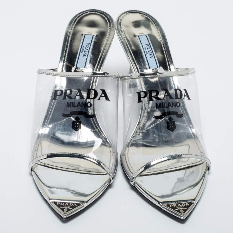 Pre Owned Prada Silver PVC and Patent Leather Logo Sandals Size 40