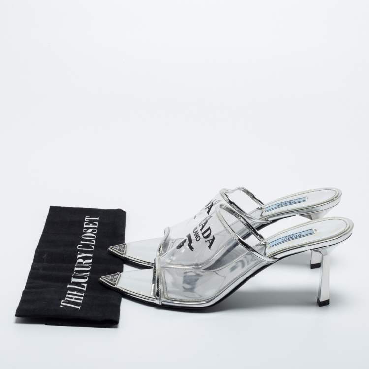 Pre Owned Prada Silver PVC and Patent Leather Logo Sandals Size 40