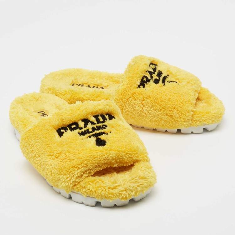 Pre Owned Prada Yellow Logo Terry Fabric Slides Size 39