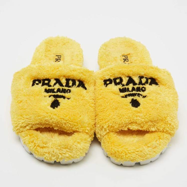 Pre Owned Prada Yellow Logo Terry Fabric Slides Size 39