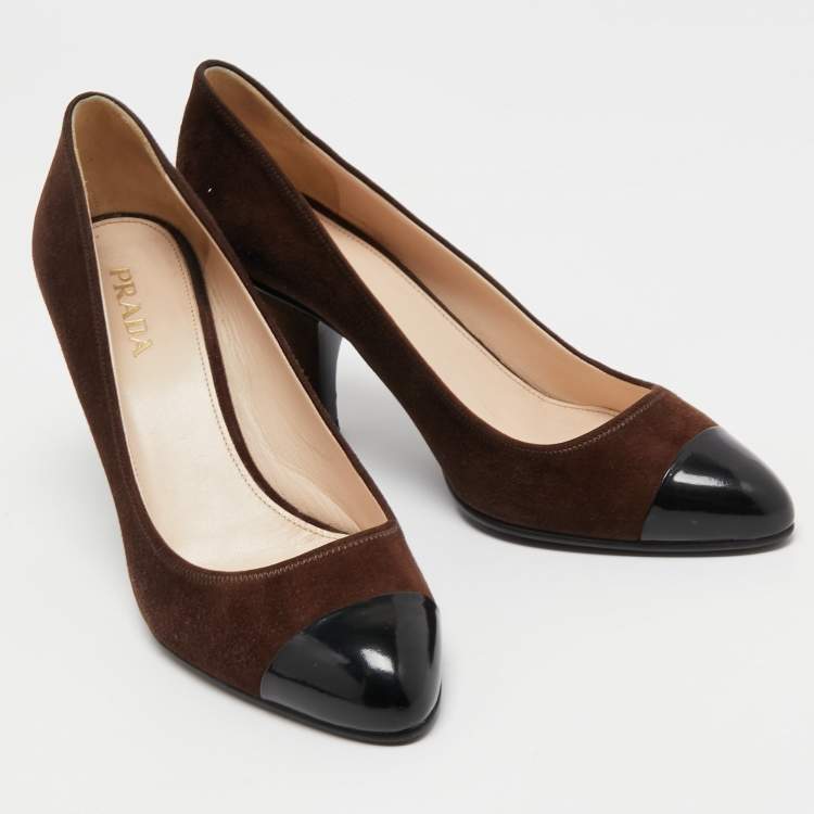 Pre Owned Prada Brown/Black Suede and Patent Leather Cap Toe Pumps Size 39.5