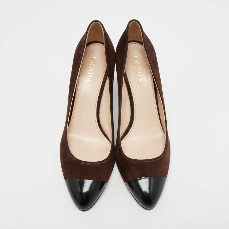 Pre Owned Prada Brown/Black Suede and Patent Leather Cap Toe Pumps Size 39.5