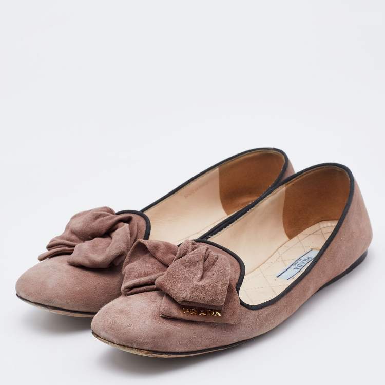 Pre Owned Prada Light Brown Suede Bow Smoking Slippers Size 37