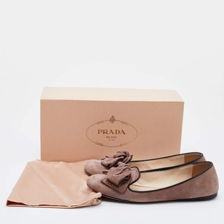 Pre Owned Prada Light Brown Suede Bow Smoking Slippers Size 37