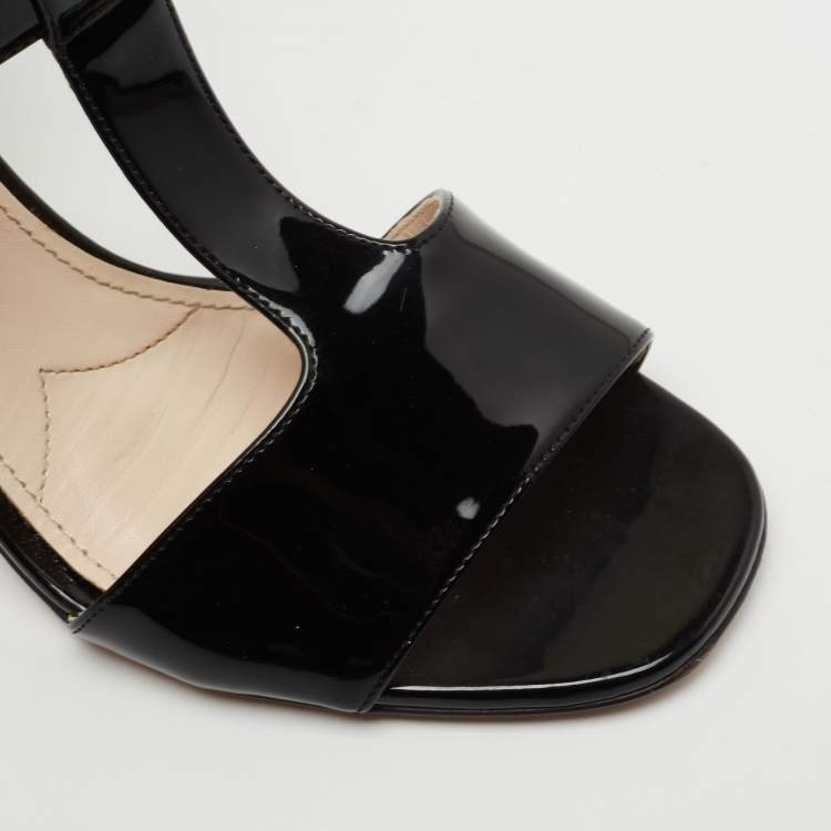 Pre Owned Prada Black Patent Leather T-Strap Block Heel Sandals Size 38