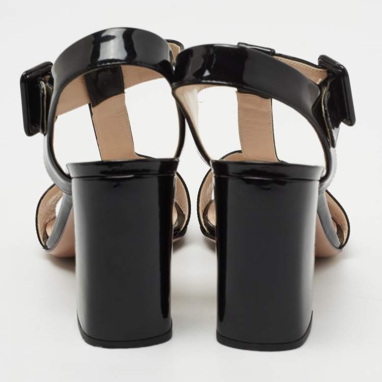 Pre Owned Prada Black Patent Leather T-Strap Block Heel Sandals Size 38