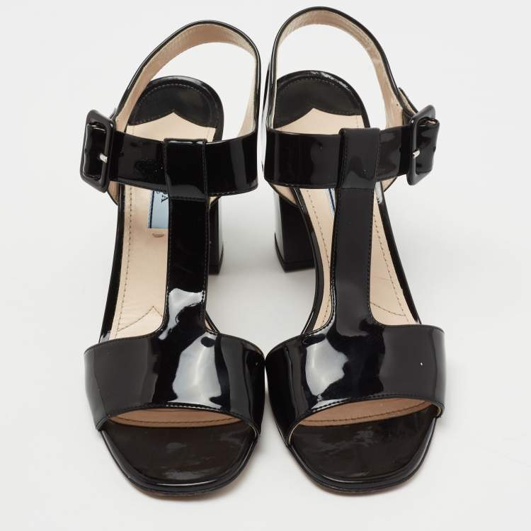Pre Owned Prada Black Patent Leather T-Strap Block Heel Sandals Size 38