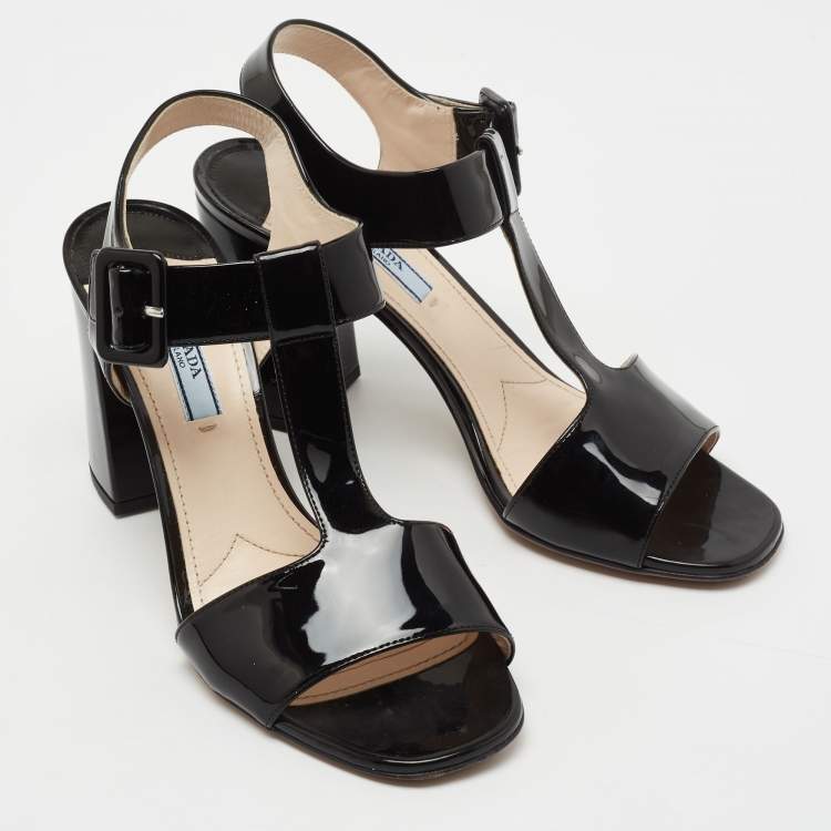 Pre Owned Prada Black Patent Leather T-Strap Block Heel Sandals Size 38