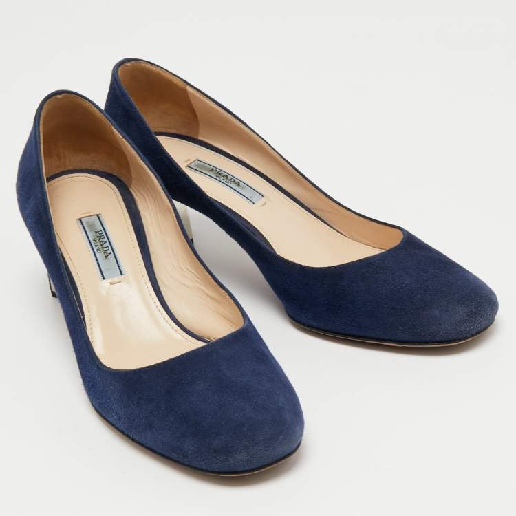 Pre Owned Prada Navy Blue Suede Hexagon Heel Pumps Size 37.5