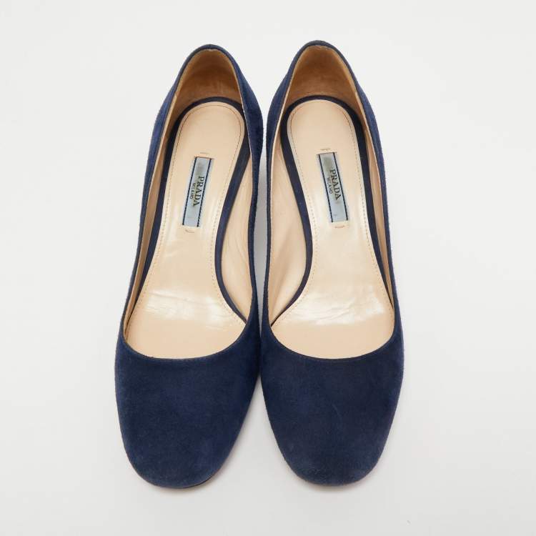 Pre Owned Prada Navy Blue Suede Hexagon Heel Pumps Size 37.5