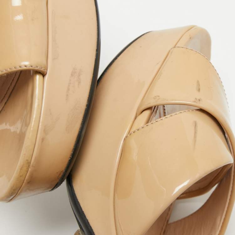 Pre Owned Prada Beige Patent Leather Criss Cross Platform Ankle Strap Sandals Size 37.5