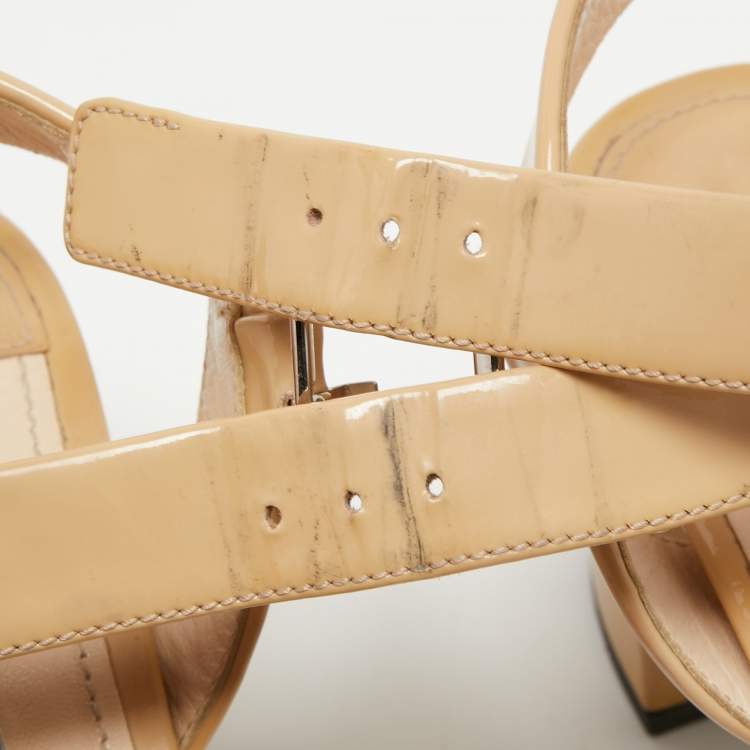 Pre Owned Prada Beige Patent Leather Criss Cross Platform Ankle Strap Sandals Size 37.5