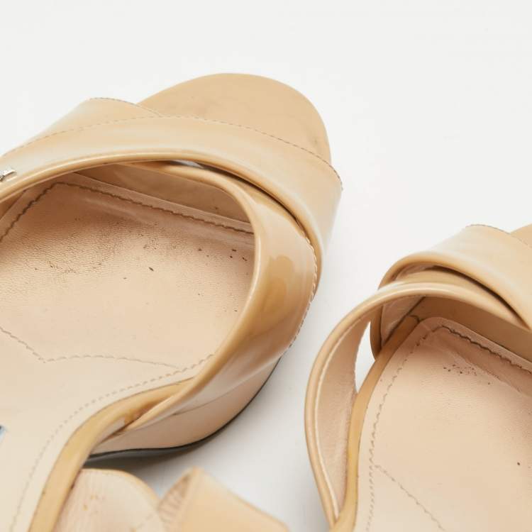 Pre Owned Prada Beige Patent Leather Criss Cross Platform Ankle Strap Sandals Size 37.5