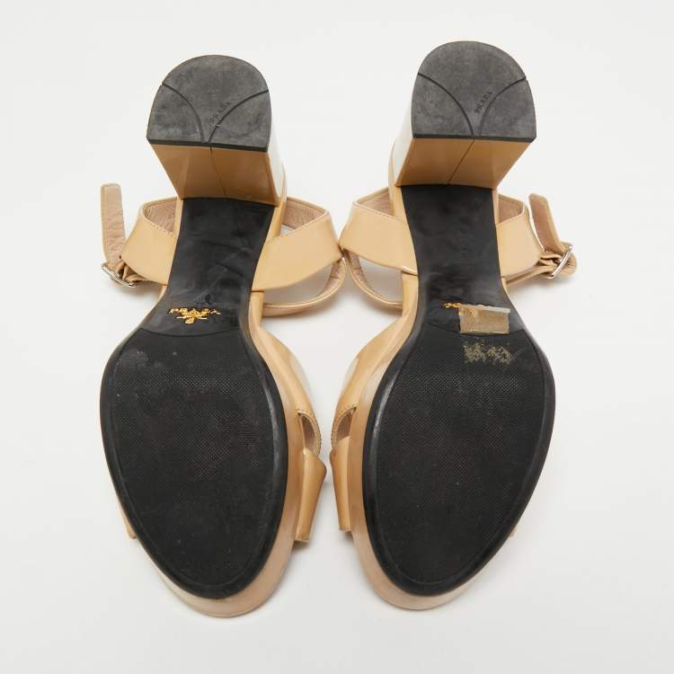 Pre Owned Prada Beige Patent Leather Criss Cross Platform Ankle Strap Sandals Size 37.5