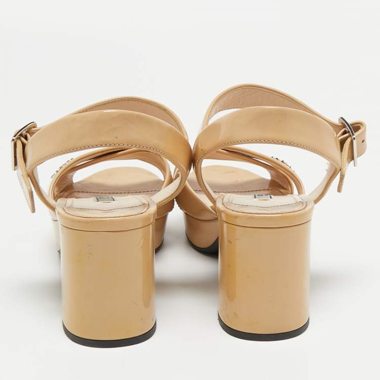 Pre Owned Prada Beige Patent Leather Criss Cross Platform Ankle Strap Sandals Size 37.5