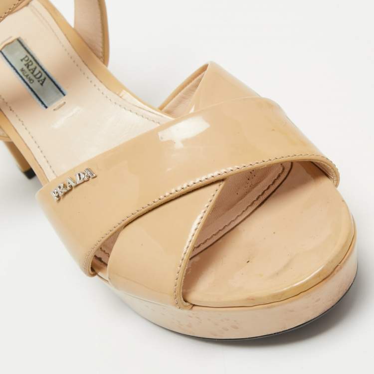 Pre Owned Prada Beige Patent Leather Criss Cross Platform Ankle Strap Sandals Size 37.5
