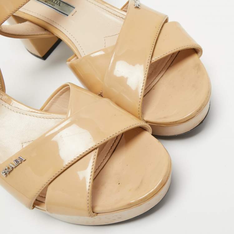 Pre Owned Prada Beige Patent Leather Criss Cross Platform Ankle Strap Sandals Size 37.5
