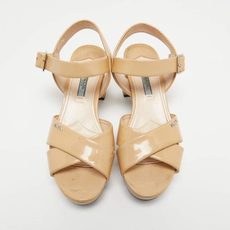 Pre Owned Prada Beige Patent Leather Criss Cross Platform Ankle Strap Sandals Size 37.5