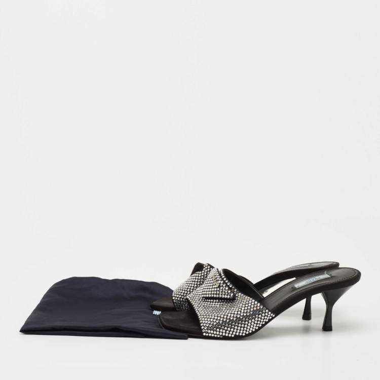 Pre Owned Prada Black Satin Crystal Embellished Logo Slide Sandals Size 39.5