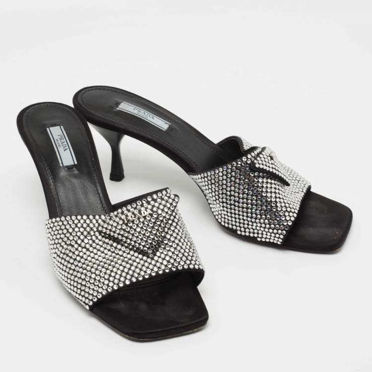 Pre Owned Prada Black Satin Crystal Embellished Logo Slide Sandals Size 39.5