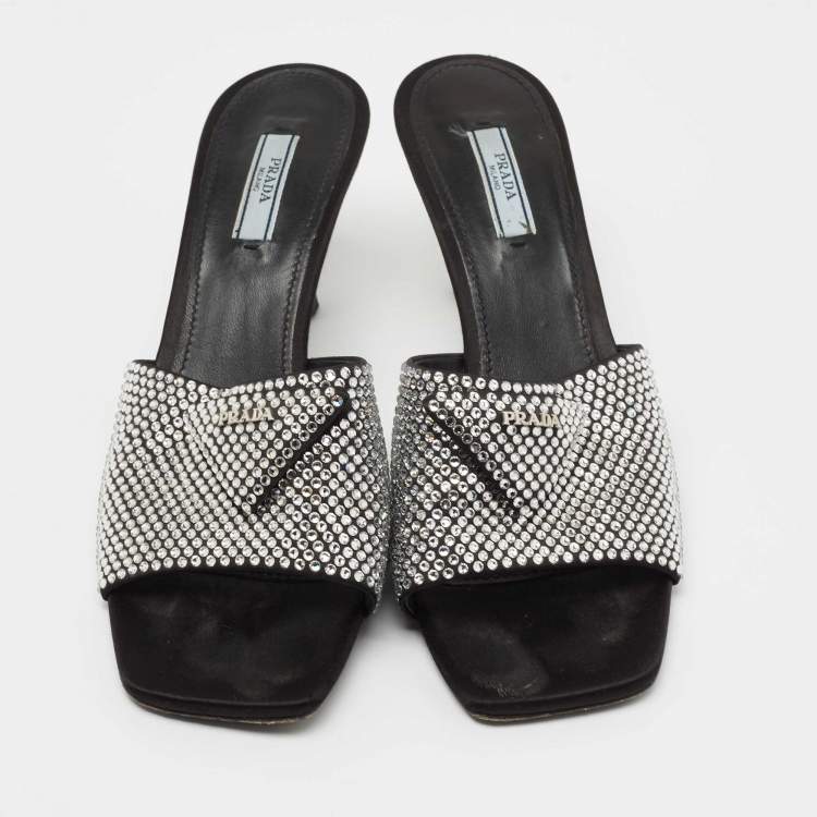 Pre Owned Prada Black Satin Crystal Embellished Logo Slide Sandals Size 39.5