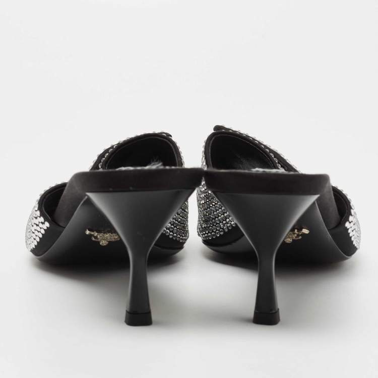 Pre Owned Prada Black Satin Crystal Embellished Logo Slide Sandals Size 39.5