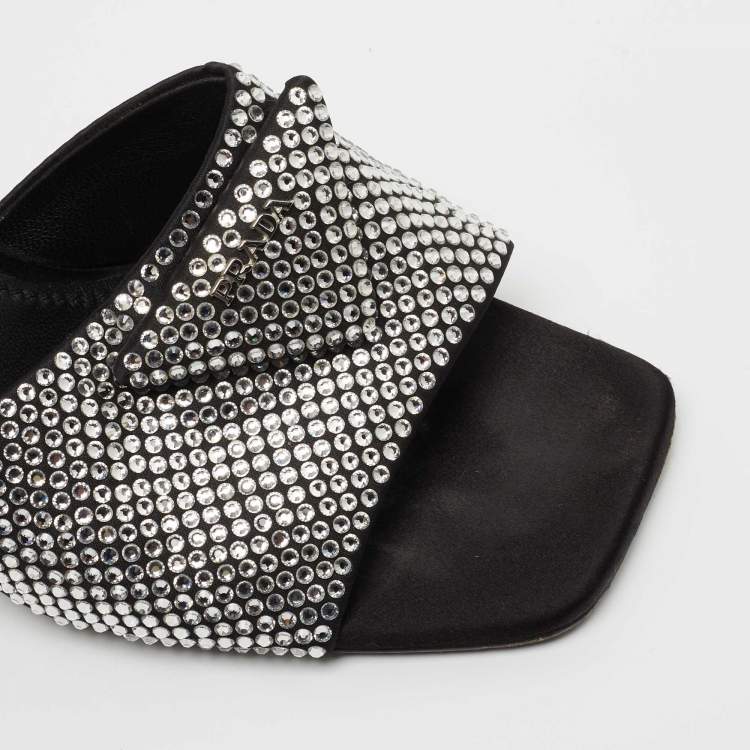 Pre Owned Prada Black Satin Crystal Embellished Logo Slide Sandals Size 39.5