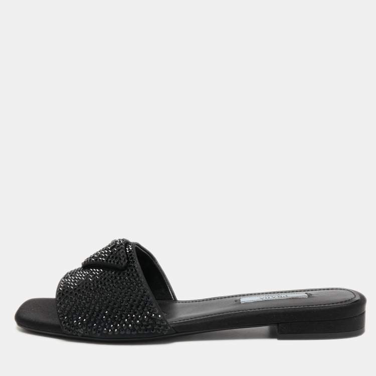 Pre Owned Prada Black Satin Crystal Embellished Flat Slides Size 38