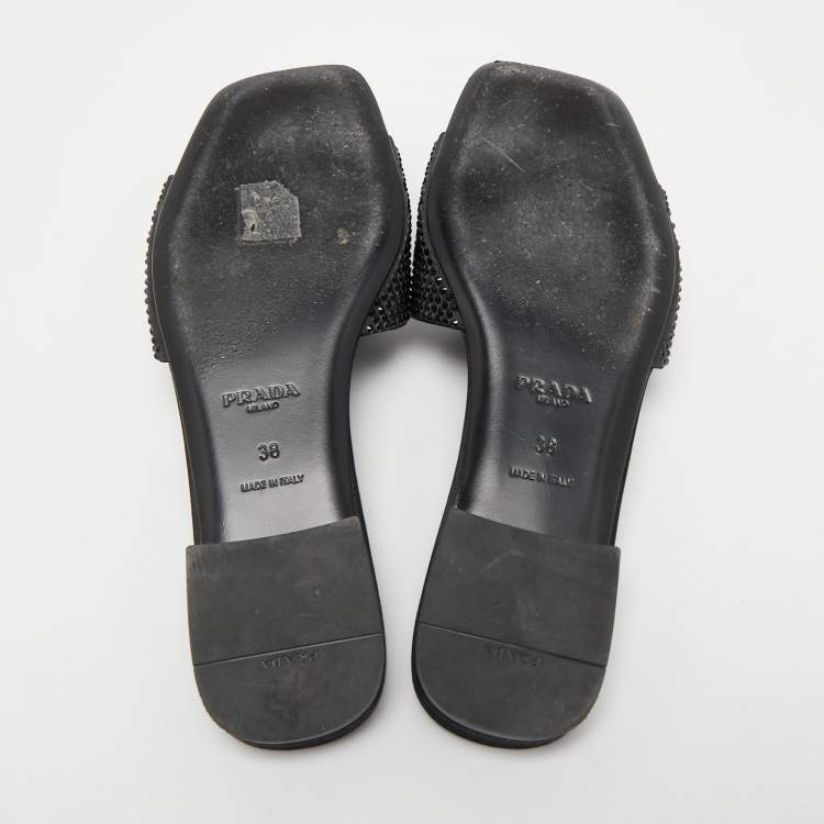 Pre Owned Prada Black Satin Crystal Embellished Flat Slides Size 38
