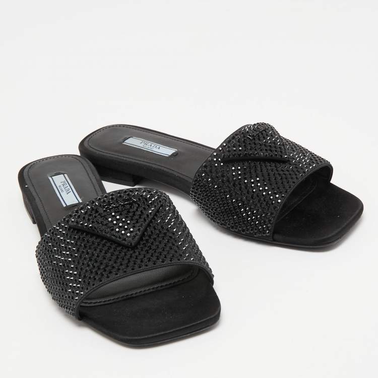 Pre Owned Prada Black Satin Crystal Embellished Flat Slides Size 38