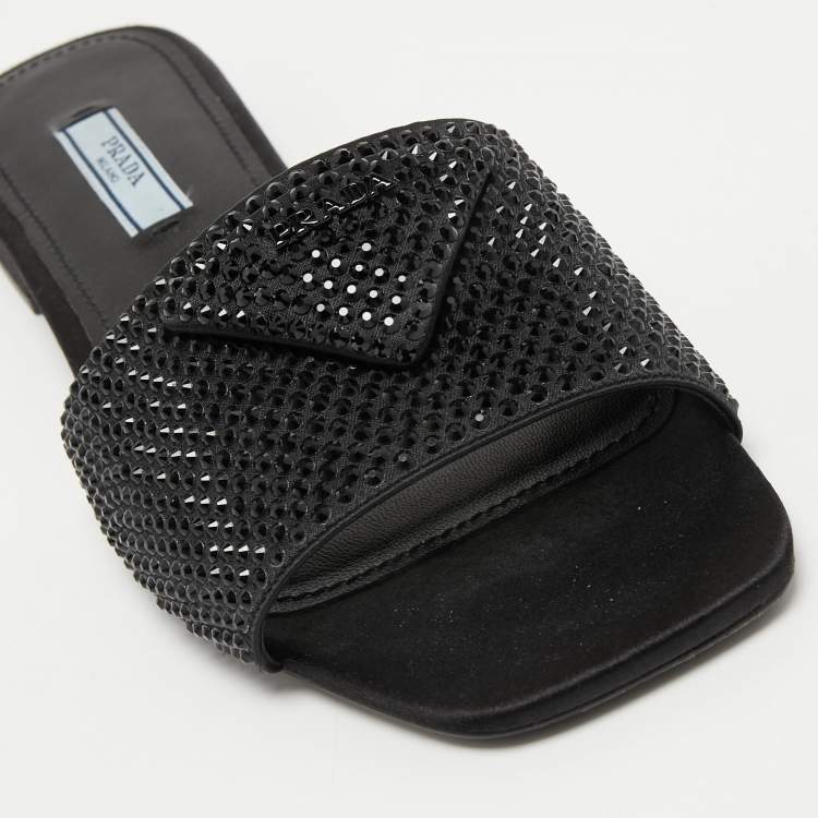 Pre Owned Prada Black Satin Crystal Embellished Flat Slides Size 38