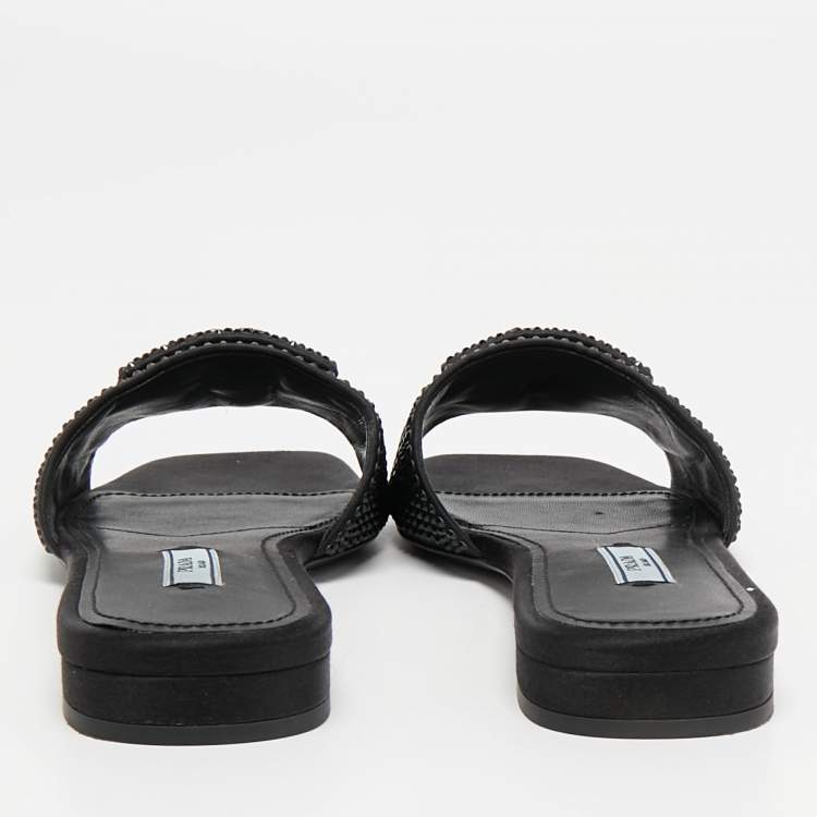 Pre Owned Prada Black Satin Crystal Embellished Flat Slides Size 38