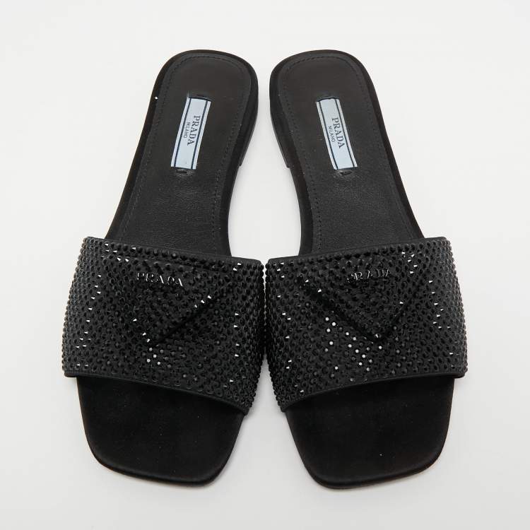 Pre Owned Prada Black Satin Crystal Embellished Flat Slides Size 38