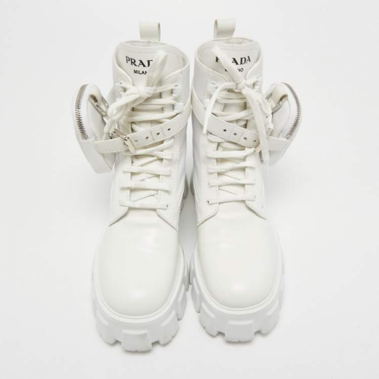 Pre Owned Prada White Leather and Nylon Monolith Combat Boots Size 38