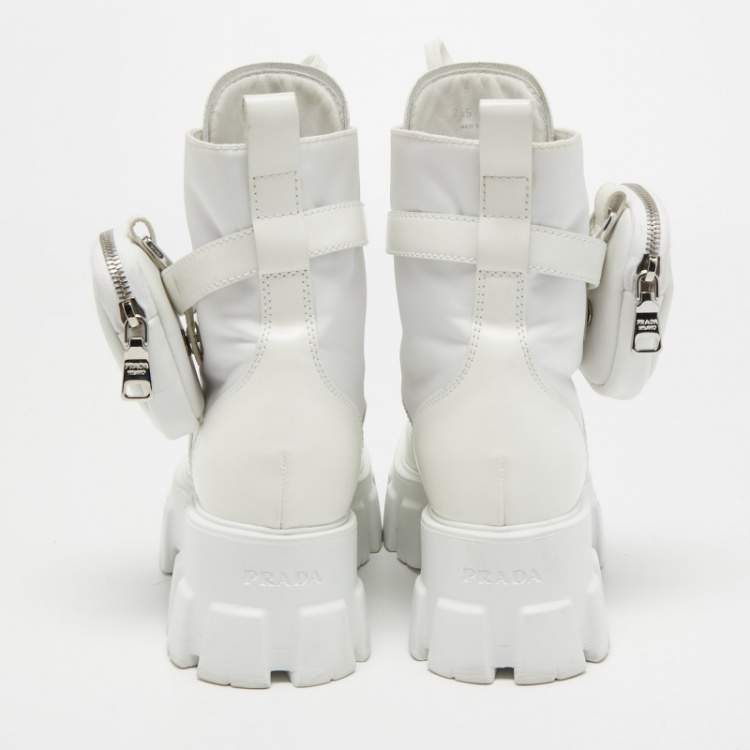 Pre Owned Prada White Leather and Nylon Monolith Combat Boots Size 38