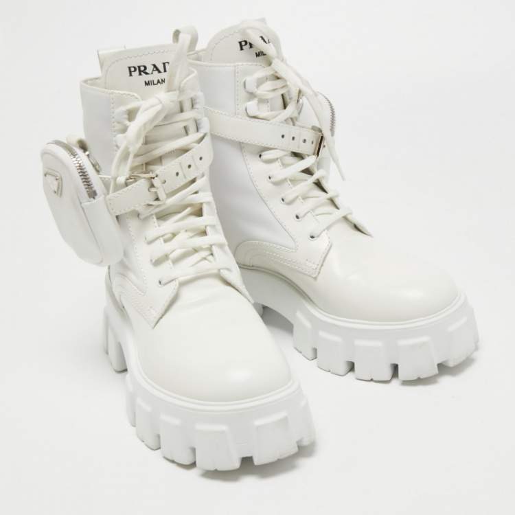Pre Owned Prada White Leather and Nylon Monolith Combat Boots Size 38