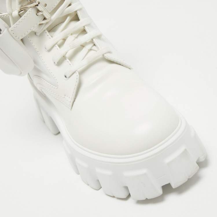 Pre Owned Prada White Leather and Nylon Monolith Combat Boots Size 38