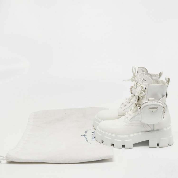 Pre Owned Prada White Leather and Nylon Monolith Combat Boots Size 38
