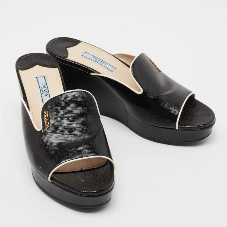 Pre Owned Prada Black Saffiano Vernice Leather Wedge Platform Slide Sandals Size 36