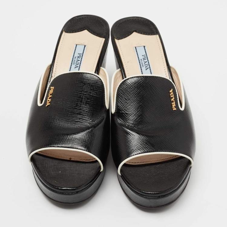Pre Owned Prada Black Saffiano Vernice Leather Wedge Platform Slide Sandals Size 36