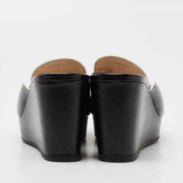 Pre Owned Prada Black Saffiano Vernice Leather Wedge Platform Slide Sandals Size 36