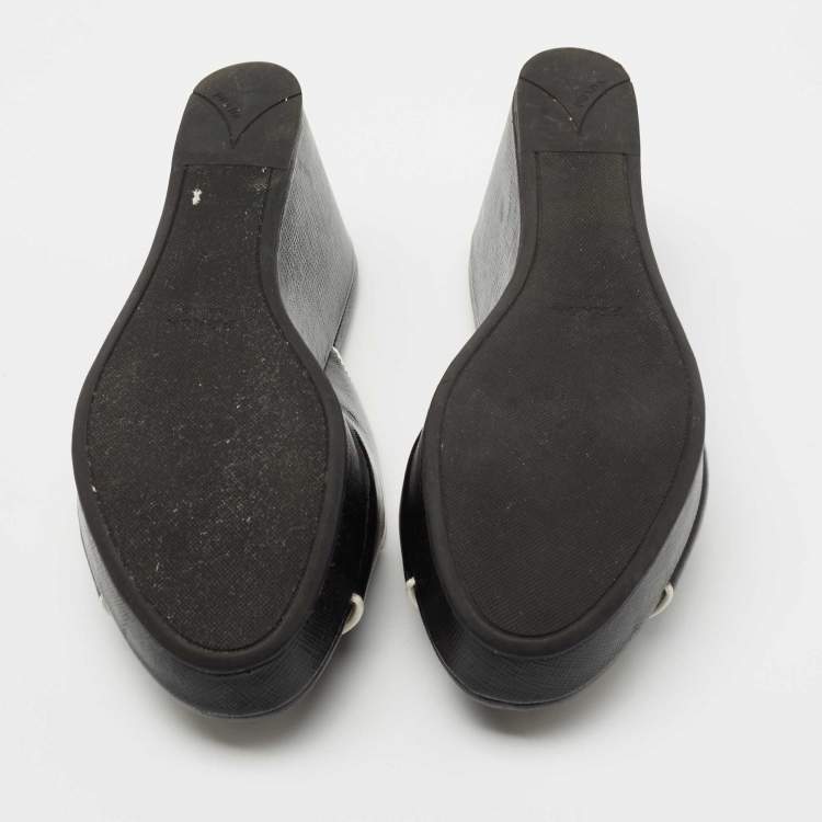 Pre Owned Prada Black Saffiano Vernice Leather Wedge Platform Slide Sandals Size 36