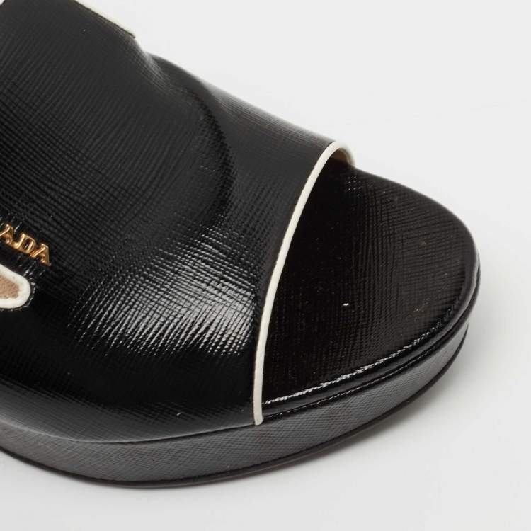 Pre Owned Prada Black Saffiano Vernice Leather Wedge Platform Slide Sandals Size 36