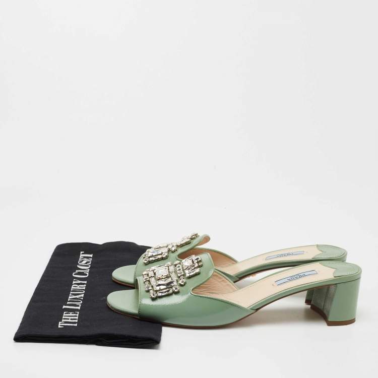 Pre Owned Prada Mint Green Saffiano Vernice Leather Crystal Embellished Slide Sandals Size 41
