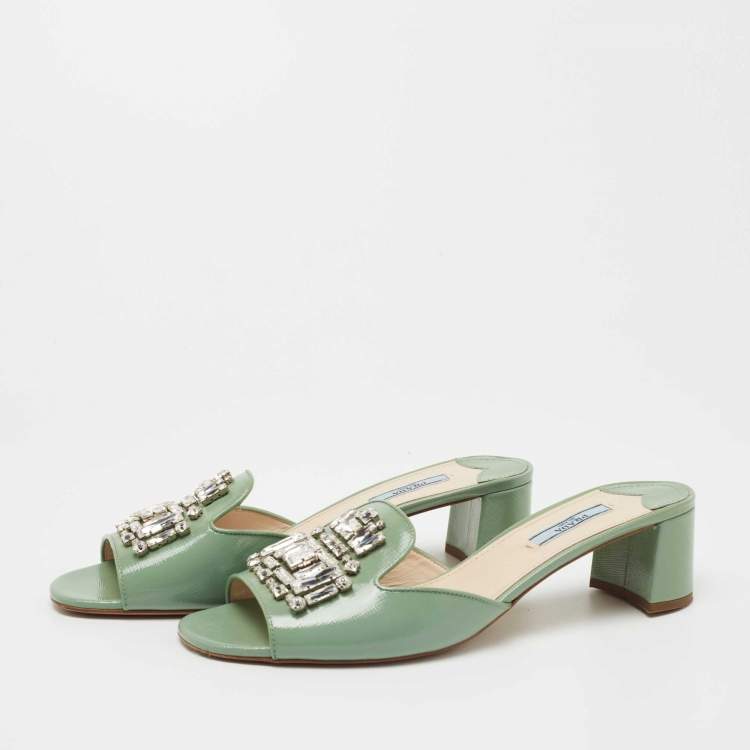 Pre Owned Prada Mint Green Saffiano Vernice Leather Crystal Embellished Slide Sandals Size 41