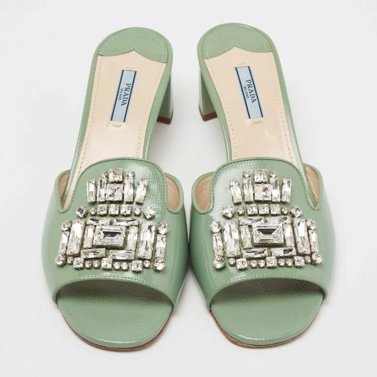 Pre Owned Prada Mint Green Saffiano Vernice Leather Crystal Embellished Slide Sandals Size 41
