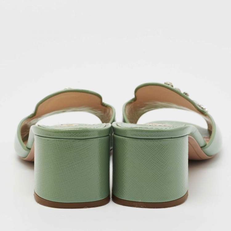 Pre Owned Prada Mint Green Saffiano Vernice Leather Crystal Embellished Slide Sandals Size 41
