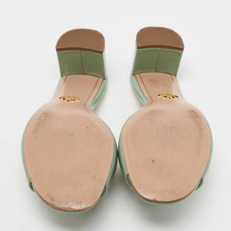 Pre Owned Prada Mint Green Saffiano Vernice Leather Crystal Embellished Slide Sandals Size 41