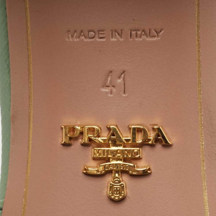 Pre Owned Prada Mint Green Saffiano Vernice Leather Crystal Embellished Slide Sandals Size 41